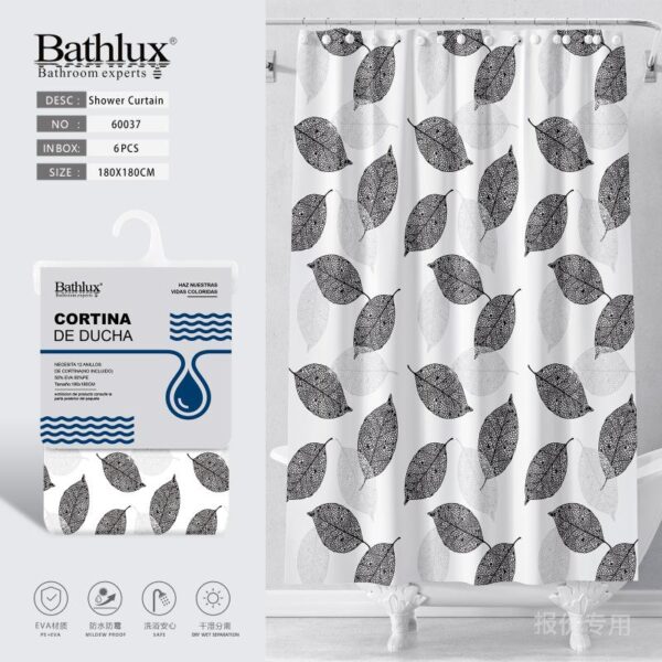 BATHLUX, Perdea De Duș EVA Cu Imprimeu De Frunze Gri 180x180, 60037