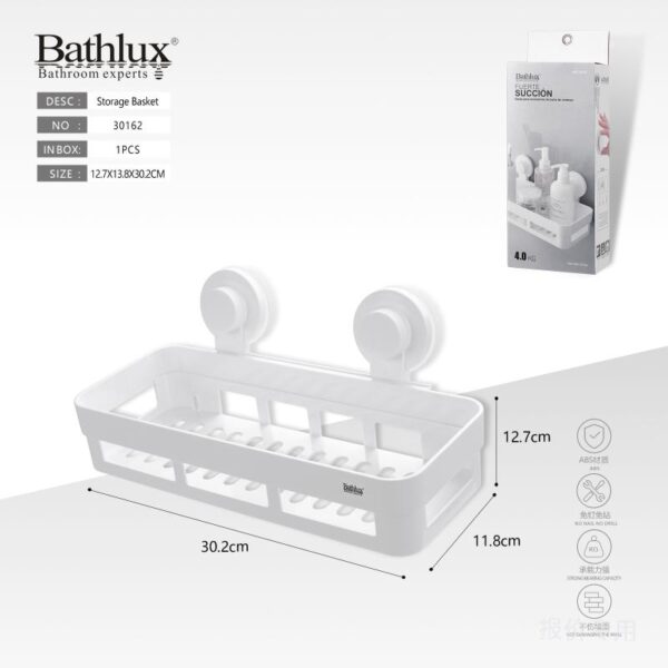 BATHLUX, Suport De Depozitare Accesorii Baie Dreptunghiular, Montaj Cu Ventuze Cu Aspiratie Pe Perete 30162