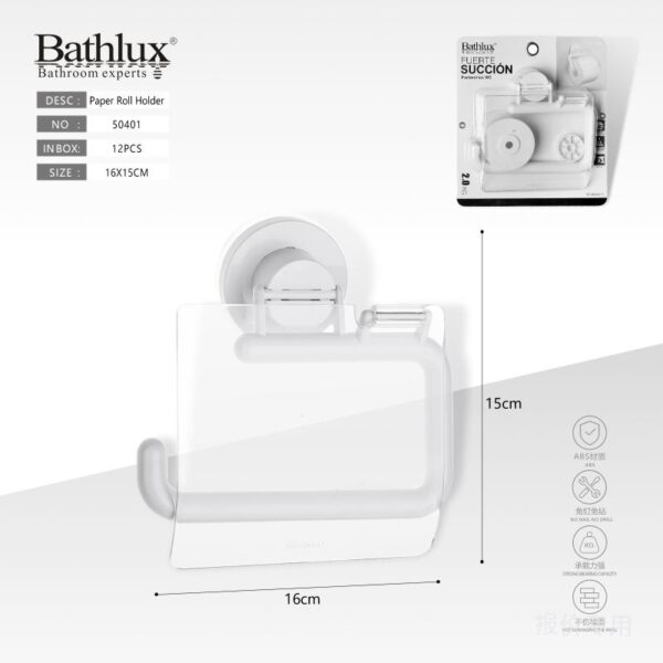 BATHLUX, Suport De Hârtie Igienica Transparent, Montaj Cu Ventuze Cu Aspiratie Pe Perete 50401